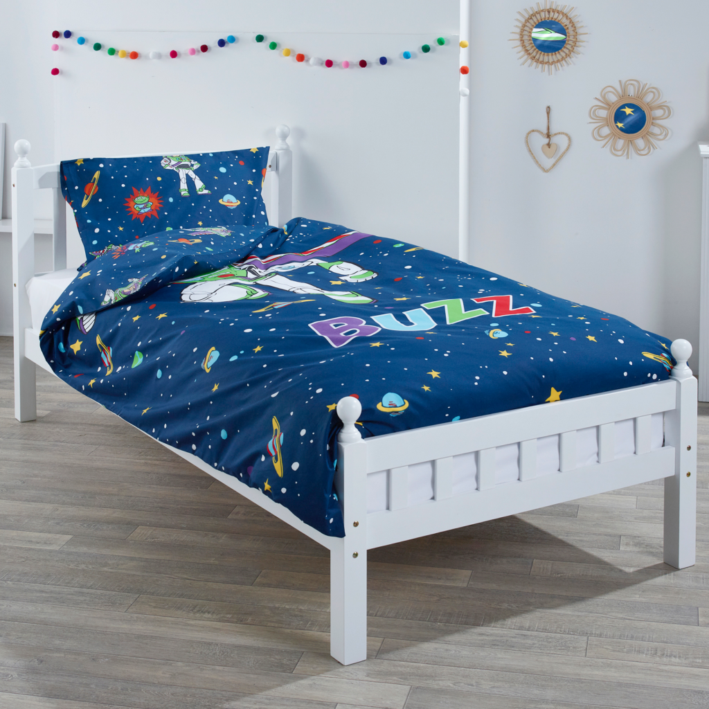 Buzz Lightyear 7 Piece White Wooden Single Bed Bundle with Toy Story ...